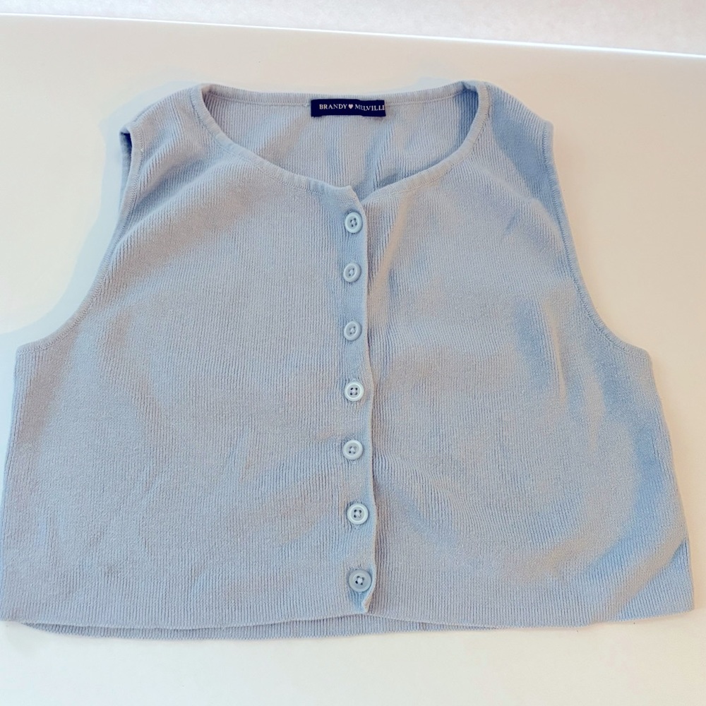 Brandy Melville Women's Light Blue Cropped Button Up Tank Cardigan